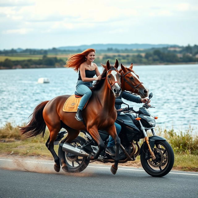 A galloping horse by the water with a young woman riding on its back and a young man on a sports motorcycle beside them