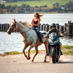 A galloping horse by the water with a young woman riding on its back and a young man on a sports motorcycle beside them