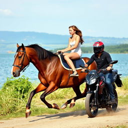 A galloping horse by the water with a young woman riding on its back and a young man on a sports motorcycle beside them