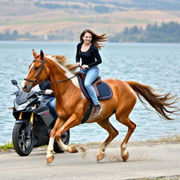 A galloping horse by the water with a young woman riding on its back and a young man on a sports motorcycle beside them