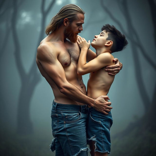 Create an image of a tall, skinny, and lean father with a beard, visible rib cage, and defined obliques