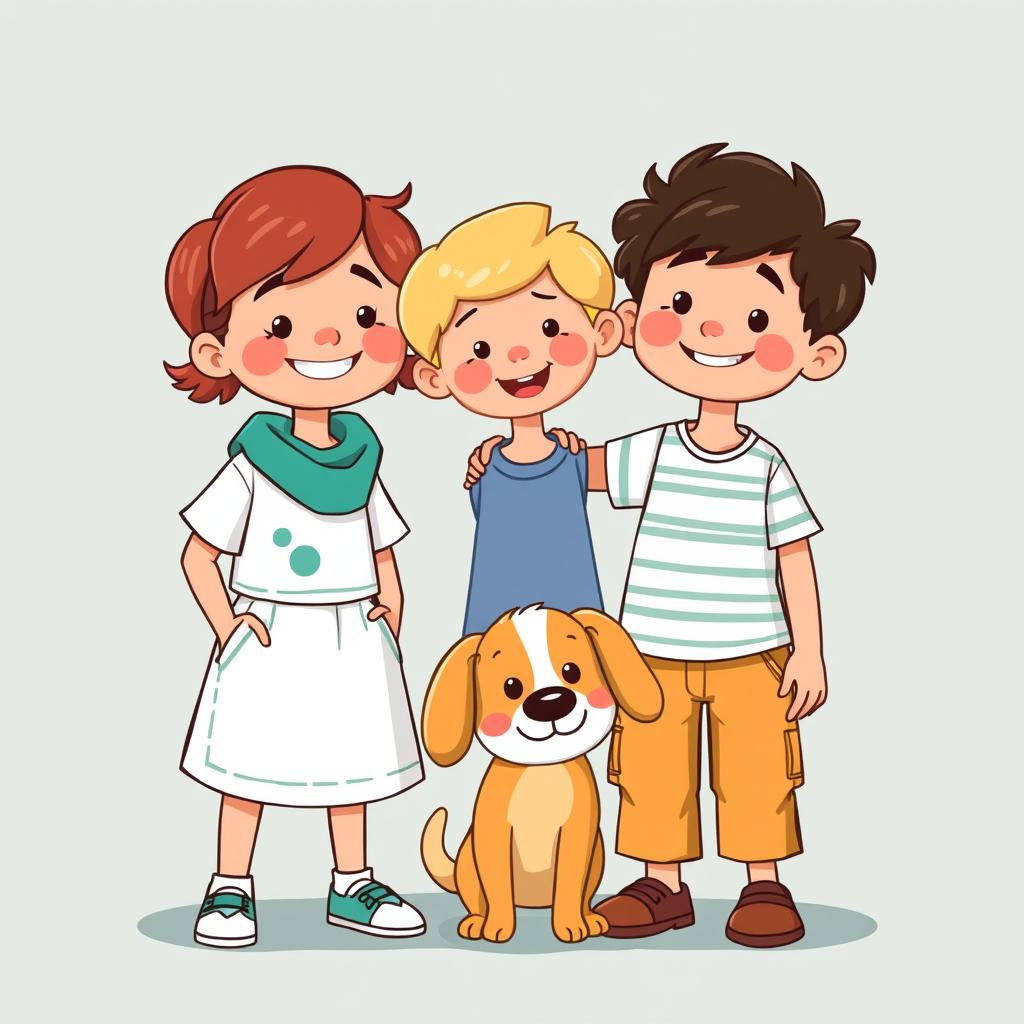 An image for children depicting two kids, one wealthy and one poor, along with a small dog