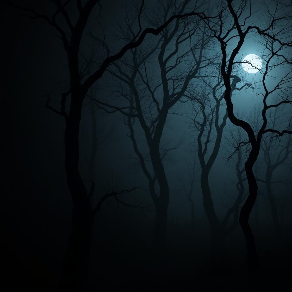 A dark, eerie forest at night with twisted trees and a thick fog