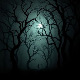 A dark, eerie forest at night with twisted trees and a thick fog