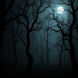 A dark, eerie forest at night with twisted trees and a thick fog