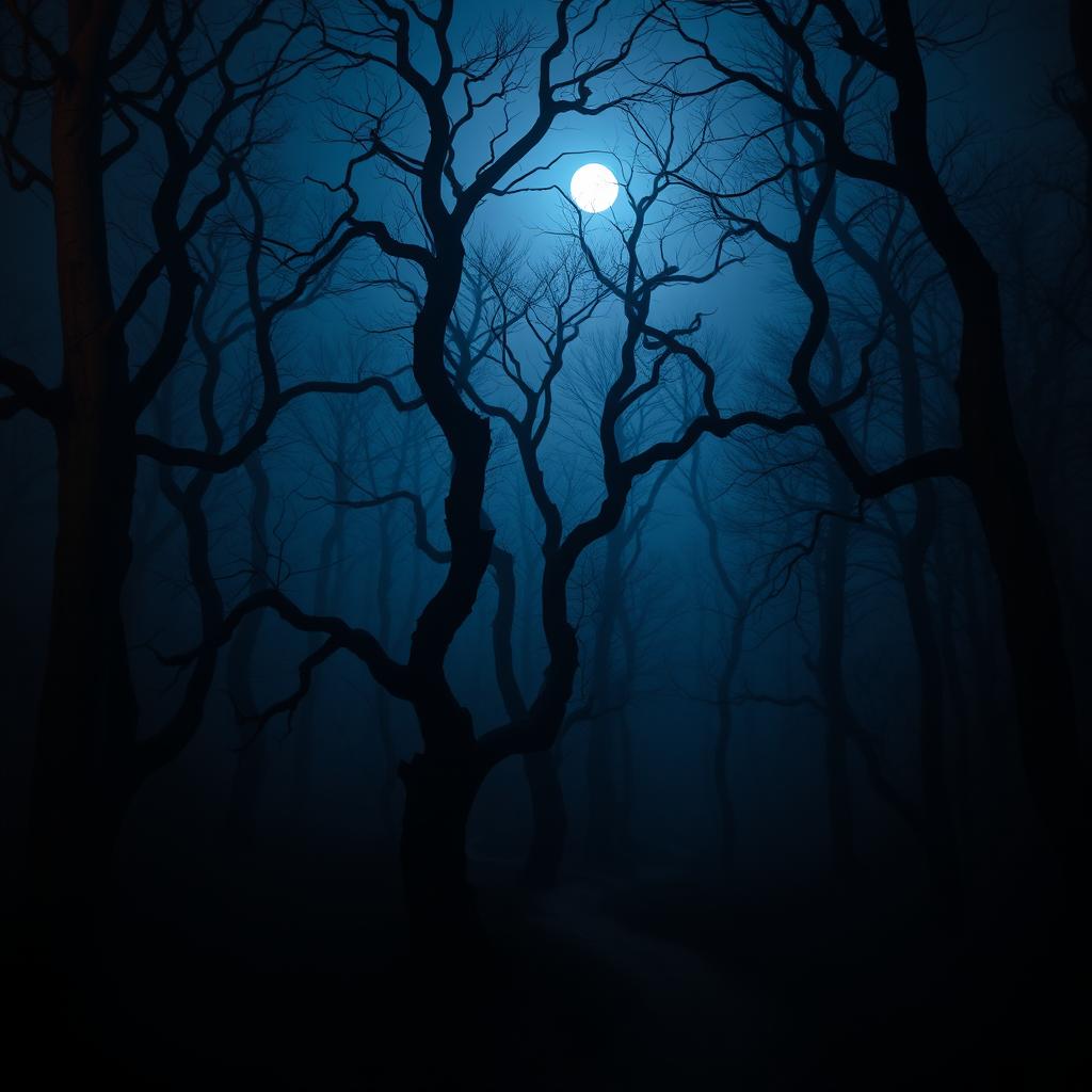 A dark, eerie forest at night with twisted trees and a thick fog