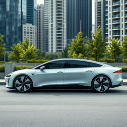 A sleek, electric luxury long wheelbase sedan parked in a modern urban setting