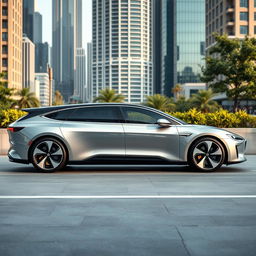 A sleek, electric luxury long wheelbase sedan parked in a modern urban setting