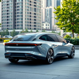 A sleek, electric luxury long wheelbase sedan parked in a modern urban setting