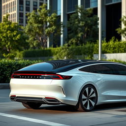 A sleek, electric luxury long wheelbase sedan parked in a modern urban setting