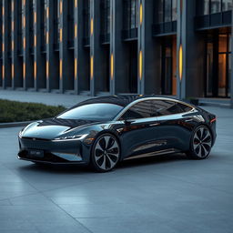 A cutting-edge electric luxury long wheelbase sedan, featuring a sleek and elongated design with a glossy finish