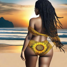 Create an image of a woman with very large buttocks, black hair with many braids, looking towards the horizon with a beautiful sunset