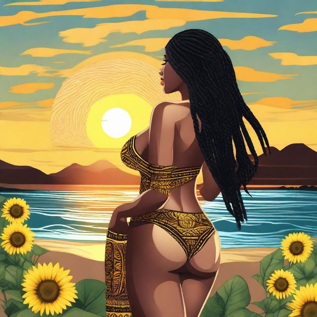 Create an image of a woman with very large buttocks, black hair with many braids, looking towards the horizon with a beautiful sunset