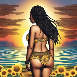 Create an image of a woman with very large buttocks, black hair with many braids, looking towards the horizon with a beautiful sunset