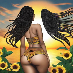 Create an image of a woman with very large buttocks, black hair with many braids, looking towards the horizon with a beautiful sunset