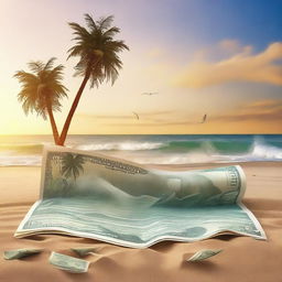 Create an image of a beach with waves made of dollar bills, sand, palm trees, and a sunset.