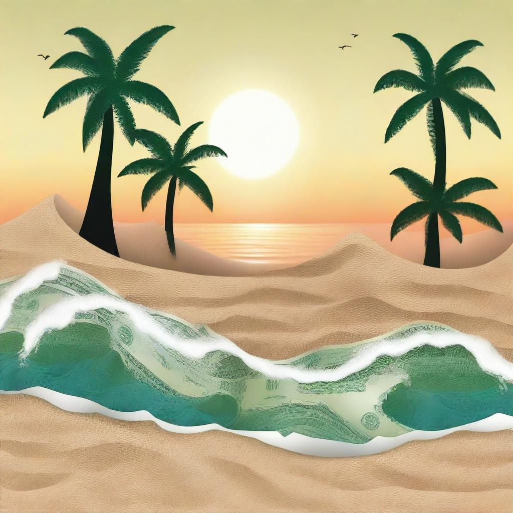 Create an image of a beach with waves made of dollar bills, sand, palm trees, and a sunset.