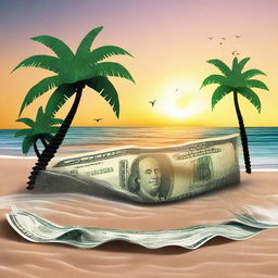 Create an image of a beach with waves made of dollar bills, sand, palm trees, and a sunset.