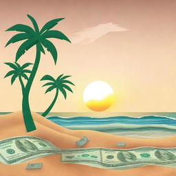 Create an image of a beach with waves made of dollar bills, sand, palm trees, and a sunset.