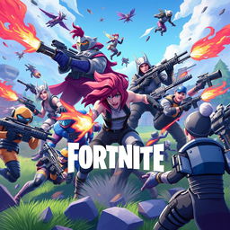 Create an image featuring characters in the style of Fortnite, with vibrant colors and dynamic action poses