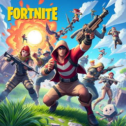 Create an image featuring characters in the style of Fortnite, with vibrant colors and dynamic action poses