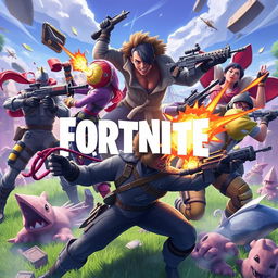 Create an image featuring characters in the style of Fortnite, with vibrant colors and dynamic action poses