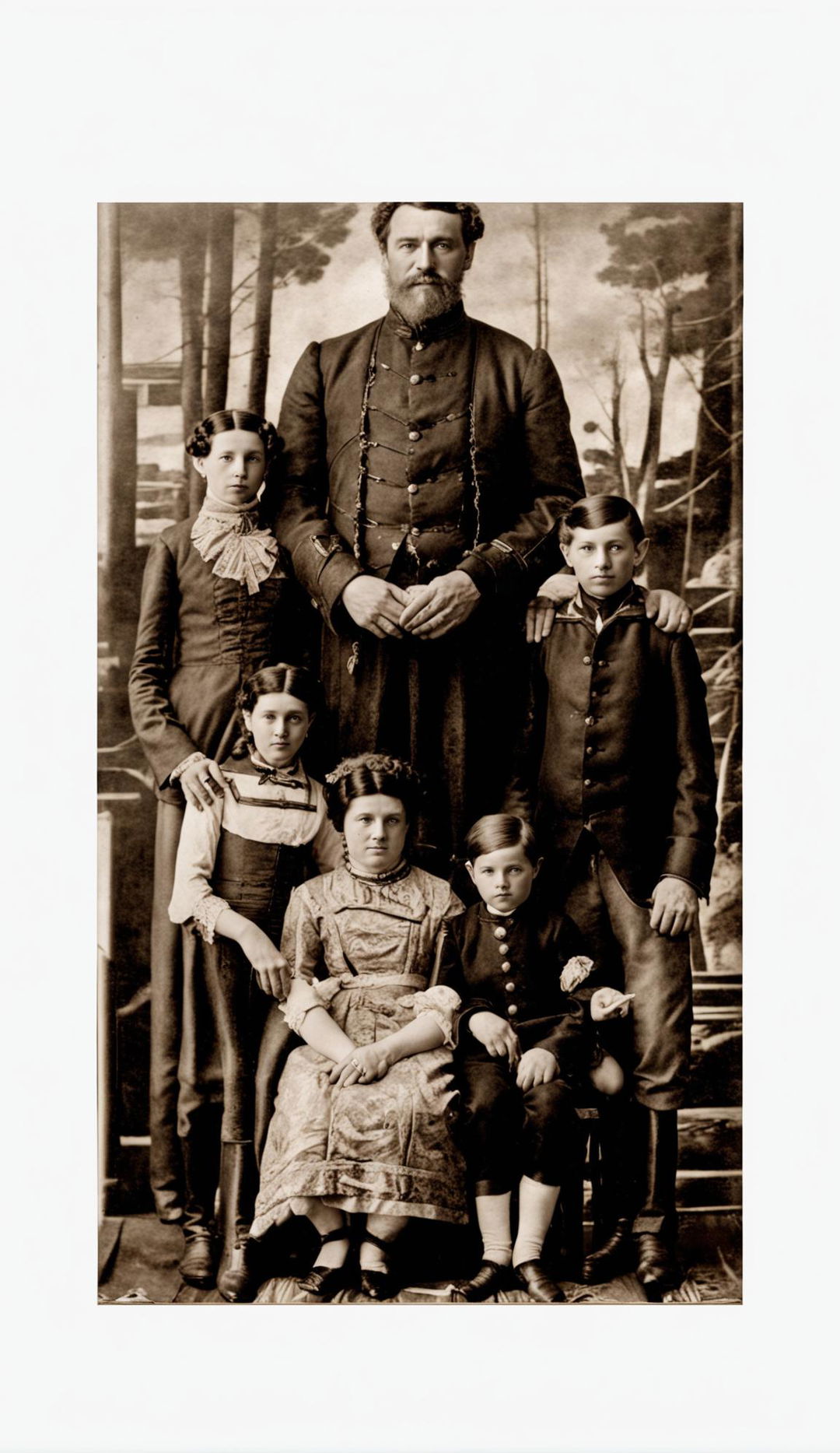 Sepia-toned 1800s family photograph with father, mother and two children dressed in period attire against a painted landscape backdrop.