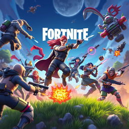 Create an image featuring characters in the style of Fortnite, with vibrant colors and dynamic action poses