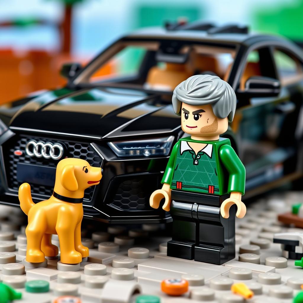 A black Audi RS6 Lego model with a grey-haired minifigure wearing a green polo shirt, accompanied by a golden retriever dog