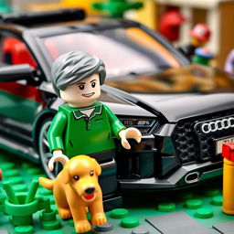 A black Audi RS6 Lego model with a grey-haired minifigure wearing a green polo shirt, accompanied by a golden retriever dog