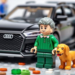 A black Audi RS6 Lego model with a grey-haired minifigure wearing a green polo shirt, accompanied by a golden retriever dog