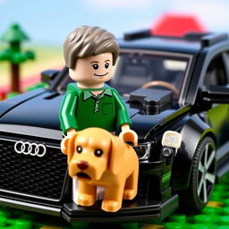 A black Audi RS6 Lego model with a grey-haired minifigure wearing a green polo shirt, accompanied by a golden retriever dog