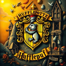 A detailed and vibrant background representing the Hufflepuff house from Harry Potter