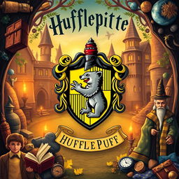 A detailed and vibrant background representing the Hufflepuff house from Harry Potter