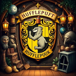 A detailed and vibrant background representing the Hufflepuff house from Harry Potter