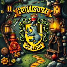 A detailed and vibrant background representing the Hufflepuff house from Harry Potter