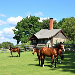 A picturesque ranch with a charming house and beautiful horses grazing in the field