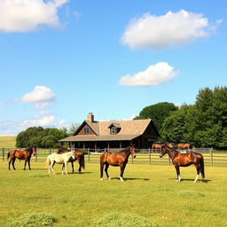 A picturesque ranch with a charming house and beautiful horses grazing in the field