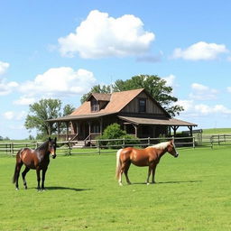 A picturesque ranch with a charming house and beautiful horses grazing in the field