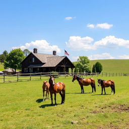 A picturesque ranch with a charming house and beautiful horses grazing in the field