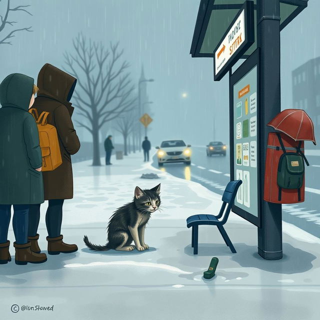 A cold, rainy winter day at a bus stop