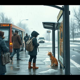 A cold, rainy winter day at a bus stop