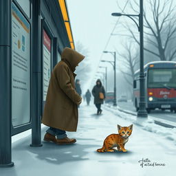 A cold, rainy winter day at a bus stop