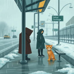 A cold, rainy winter day at a bus stop