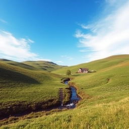 A peaceful countryside landscape with rolling green hills, a clear blue sky, and a small river flowing through the middle