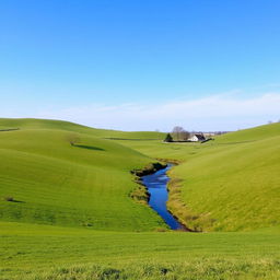 A peaceful countryside landscape with rolling green hills, a clear blue sky, and a small river flowing through the middle