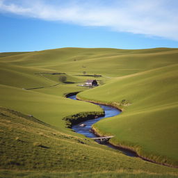 A peaceful countryside landscape with rolling green hills, a clear blue sky, and a small river flowing through the middle