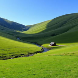 A peaceful countryside landscape with rolling green hills, a clear blue sky, and a small river flowing through the middle