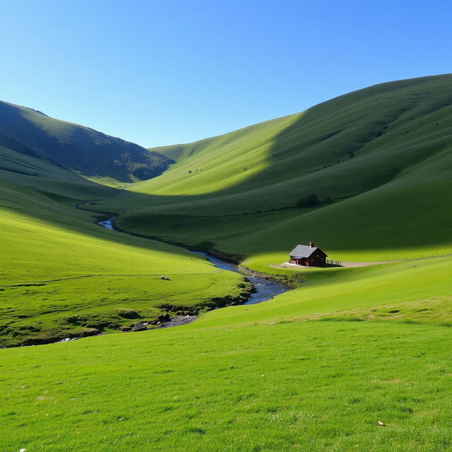 A peaceful countryside landscape with rolling green hills, a clear blue sky, and a small river flowing through the middle