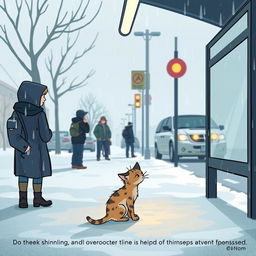 Illustrate a cold, rainy winter day at a bus stop where a shivering, wet kitten is found by the narrator